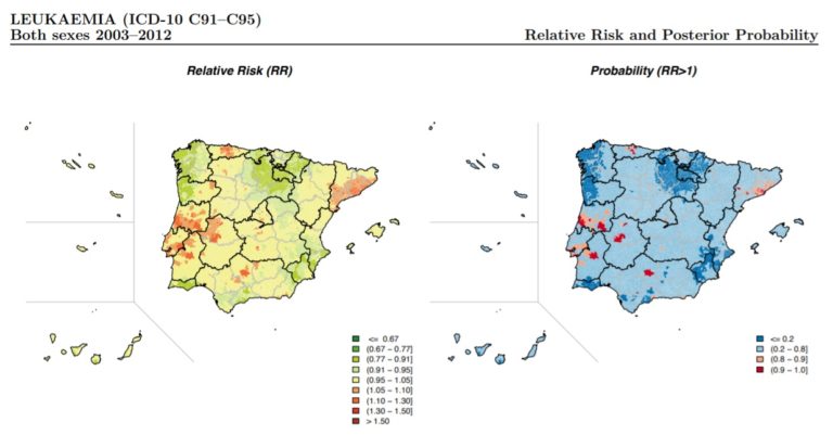 Mapa sobre el riesgo relativo de mortalidad por leucemia dentro del atlas del cáncer en España y Portugal